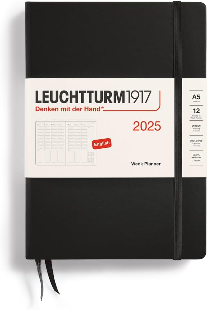 Planner 12 Mesi Settimanale Verticale Medium A5 con Copertina Rigida Nero 2025