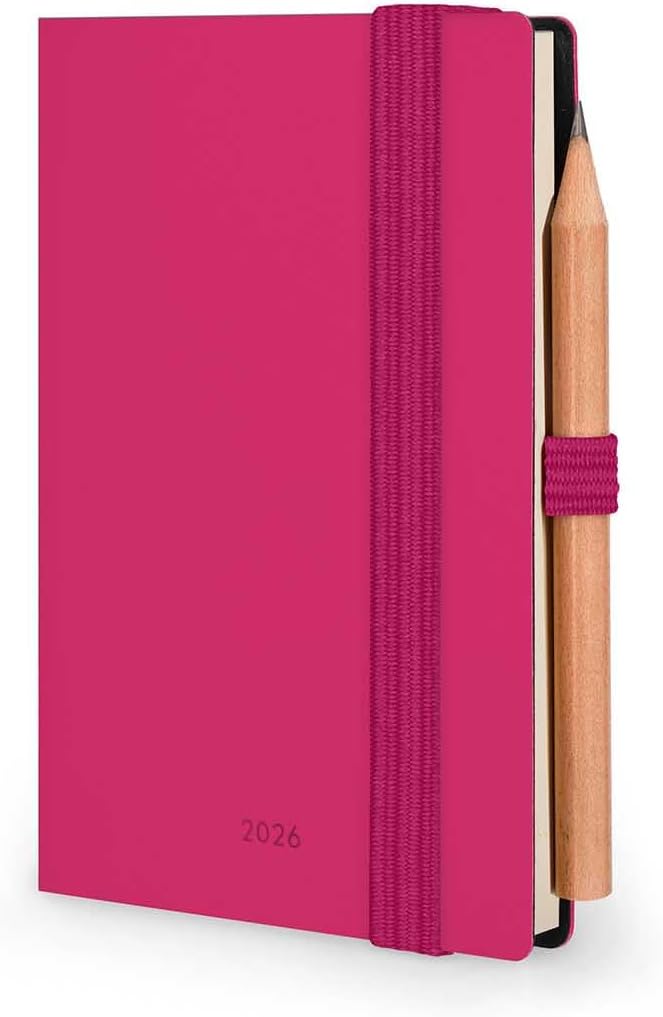 Agenda 12 Mesi Legami Bi-Giornaliera Mini con Rubrica e Matita 2026 Raspberry con Chiusura ad Elastico