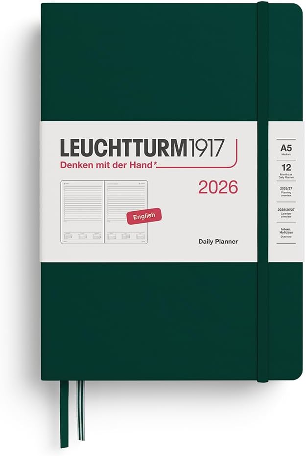 Agenda 12 Mesi Giornaliera Leuchtturm1917 Medium A5 con Copertina Rigida Forest Green 2026
