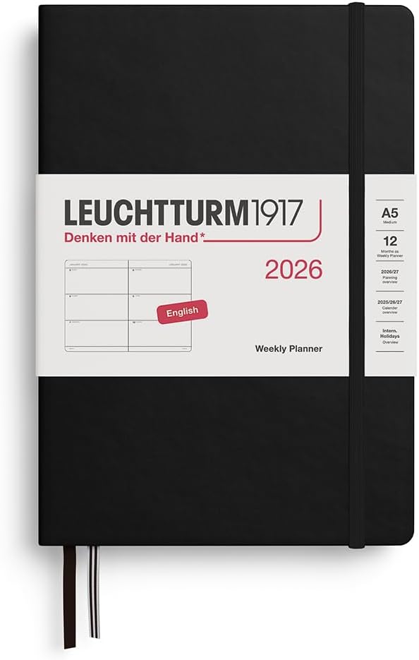 Agenda 12 Mesi Settimanale Orizzontale Leuchtturm1917 Medium A5 con Copertina Rigida Nero 2026