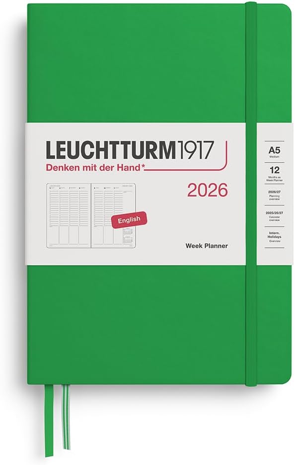 Planner 12 Mesi Settimanale Verticale Leuchtturm1917 Medium A5 con Copertina Rigida Spring Leaf 2026