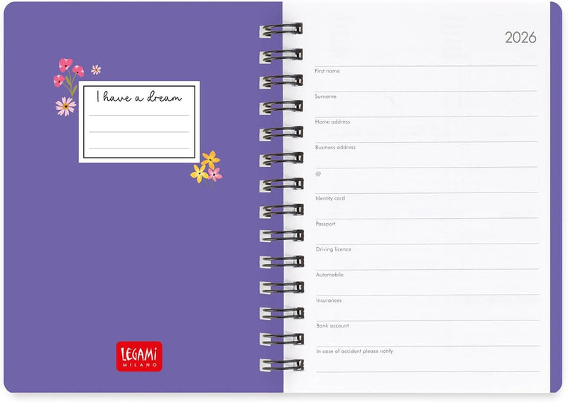 Agenda 12 Mesi Legami Settimanale Small Spiralata 2026 Flowers con Chiusura ad Elastico