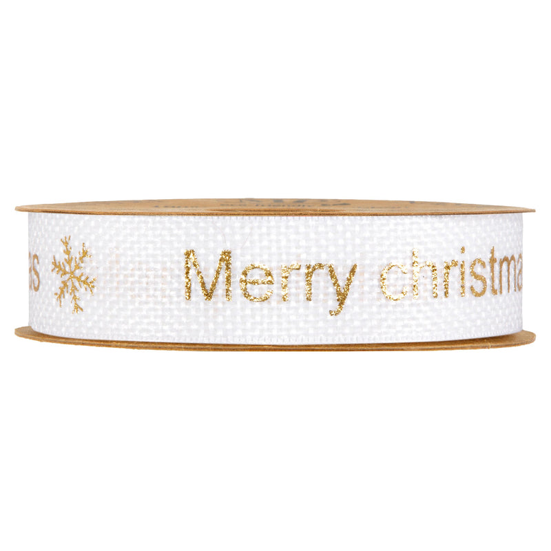 Nastro Merry Christmas Bianco e Oro 25 mm x 10 mt