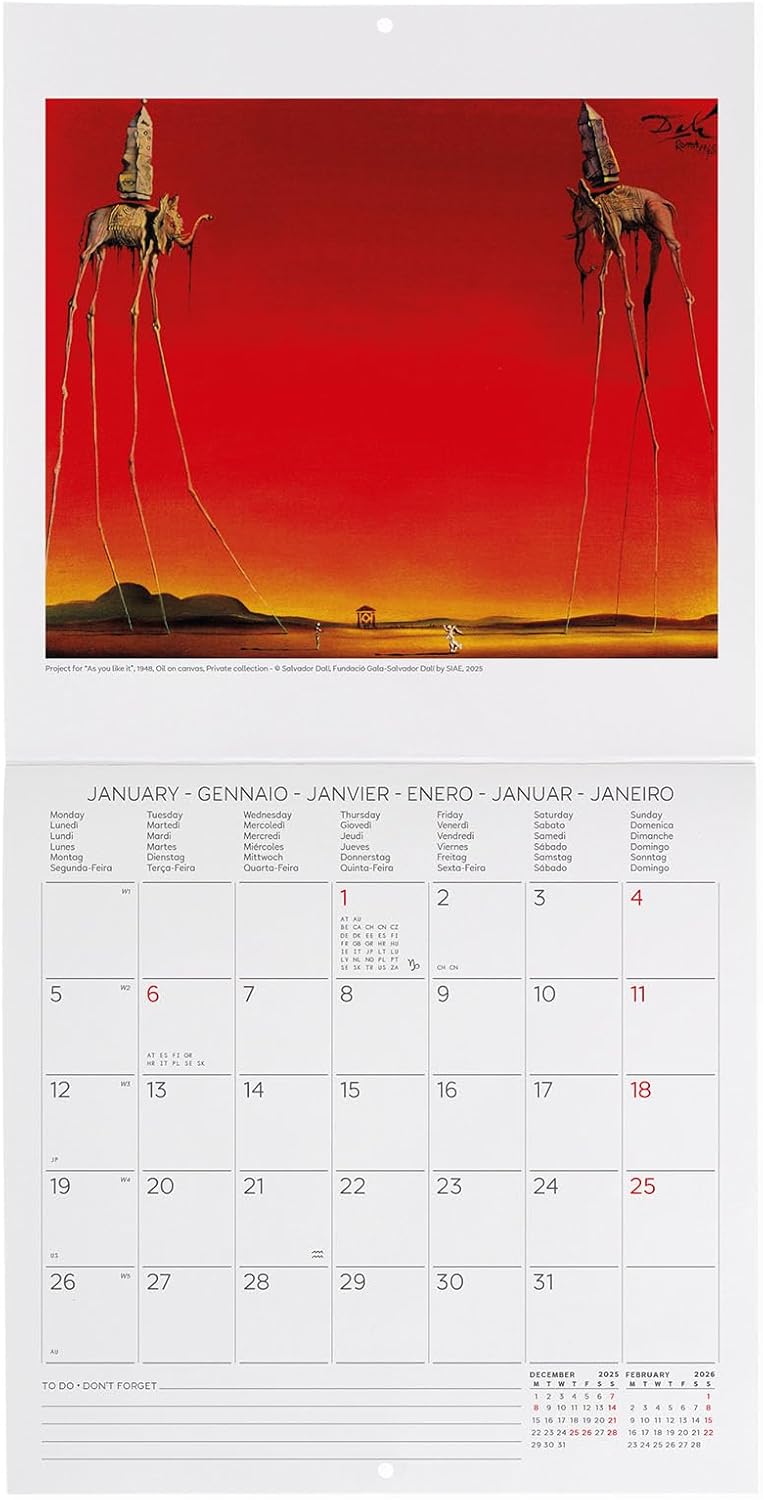 Calendario da Parete 12 Mesi Legami con Planner Annuale 2026 Salvador Dalì 18 x 18 cm