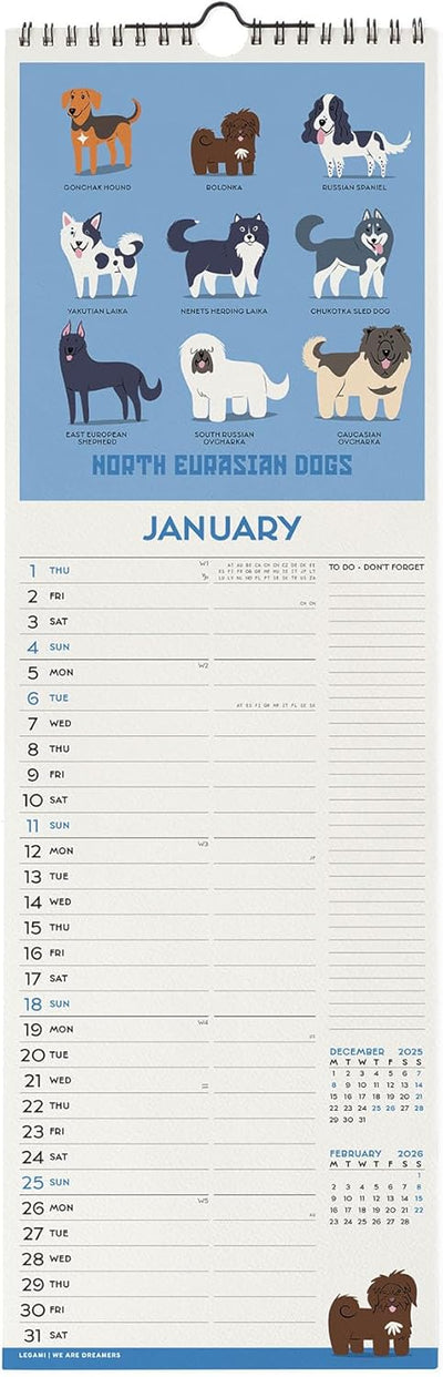 Calendario da Parete 12 Mesi Legami con Planner Annuale 2026 Dogs of The World 16 x 49 cm