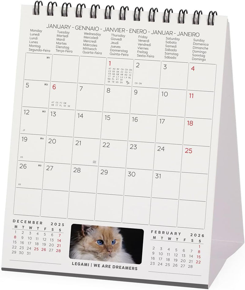 Calendario da Tavolo 12 Mesi Legami con Planner Annuale 2026 Cats 12 x 14,5 cm