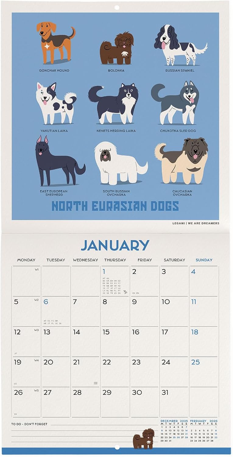 Calendario da Parete 12 Mesi Legami con Planner Annuale 2026 Dogs of the World 18 x 18 cm