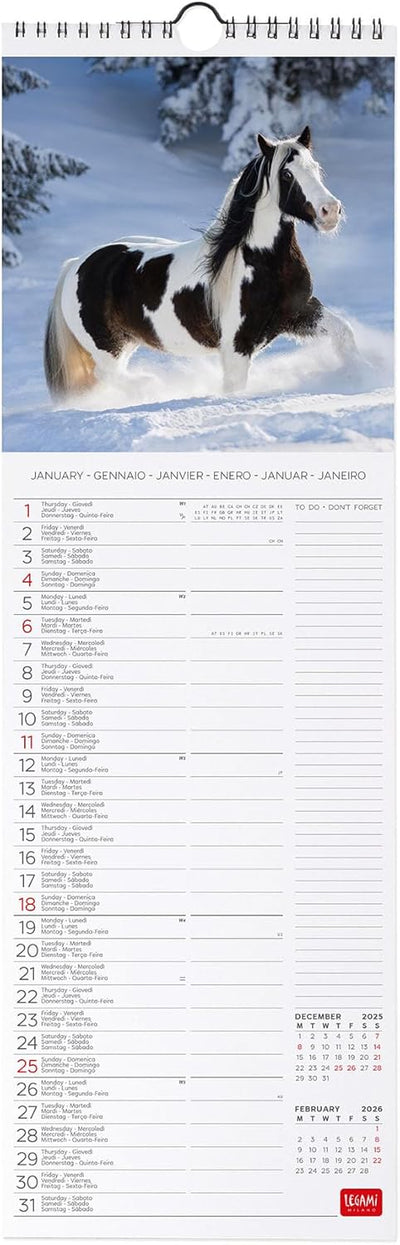 Calendario da Parete 12 Mesi Legami con Planner Annuale 2026 Wild Horses 16 x 49 cm