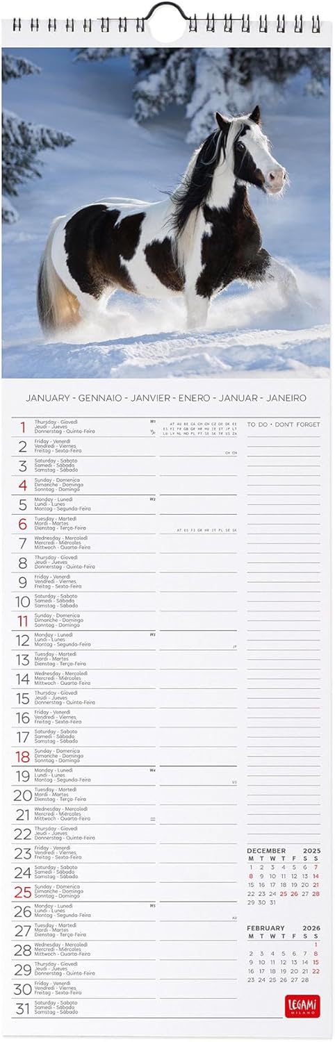 Calendario da Parete 12 Mesi Legami con Planner Annuale 2026 Wild Horses 16 x 49 cm