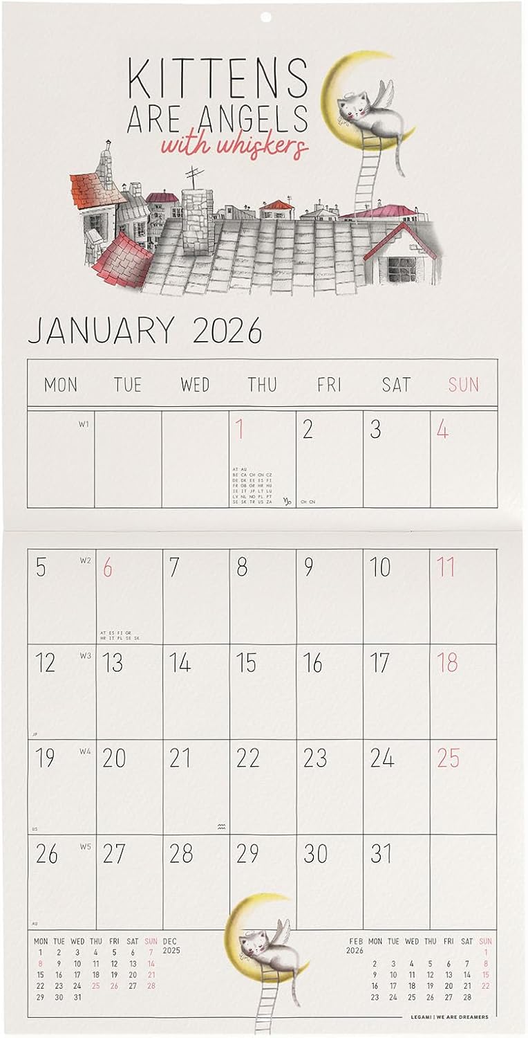 Calendario da Parete 12 Mesi Legami con Planner Annuale 2026 Sketchy Cats 18 x 18 cm