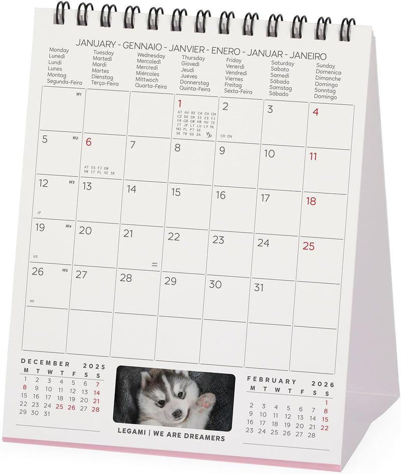 Calendario da Tavolo 12 Mesi Legami con Planner Annuale 2026 Puppies 12 x 14,5 cm