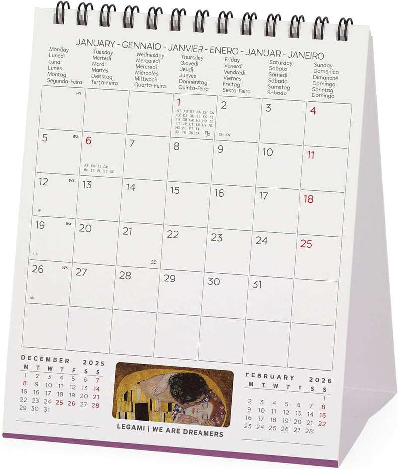 Calendario da Tavolo 12 Mesi Legami con Planner Annuale 2026 Gustav Klimt 12 x 14,5 cm