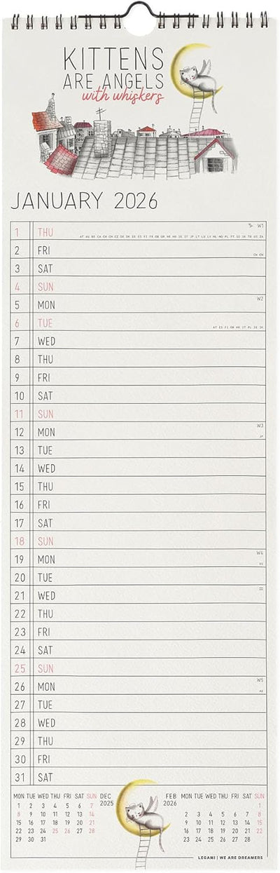 Calendario da Parete 12 Mesi Legami con Planner Annuale 2026 Sketchy Cats 16 x 49 cm