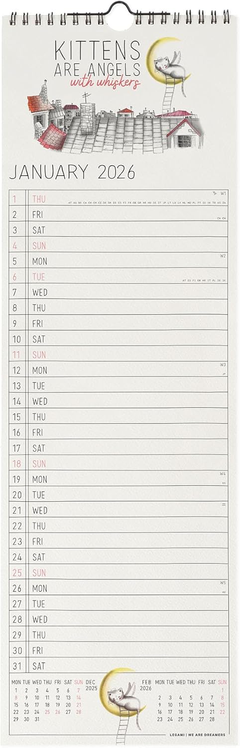 Calendario da Parete 12 Mesi Legami con Planner Annuale 2026 Sketchy Cats 16 x 49 cm
