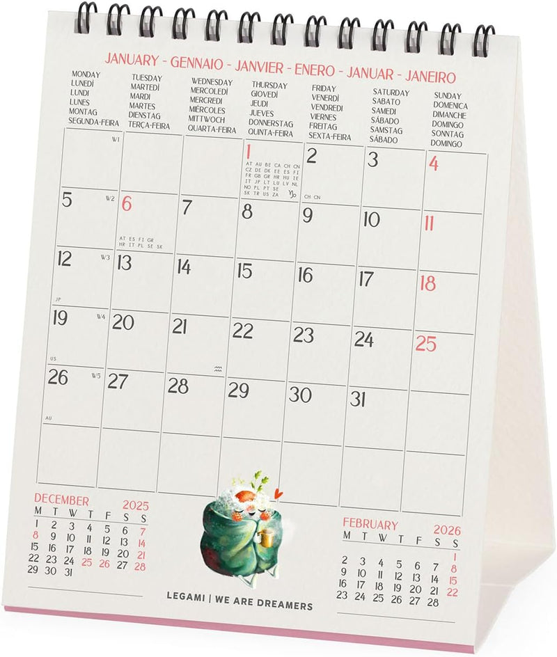 Calendario da Tavolo 12 Mesi Legami con Planner Annuale 2026 Good Vibes Only 12 x 14,5 cm