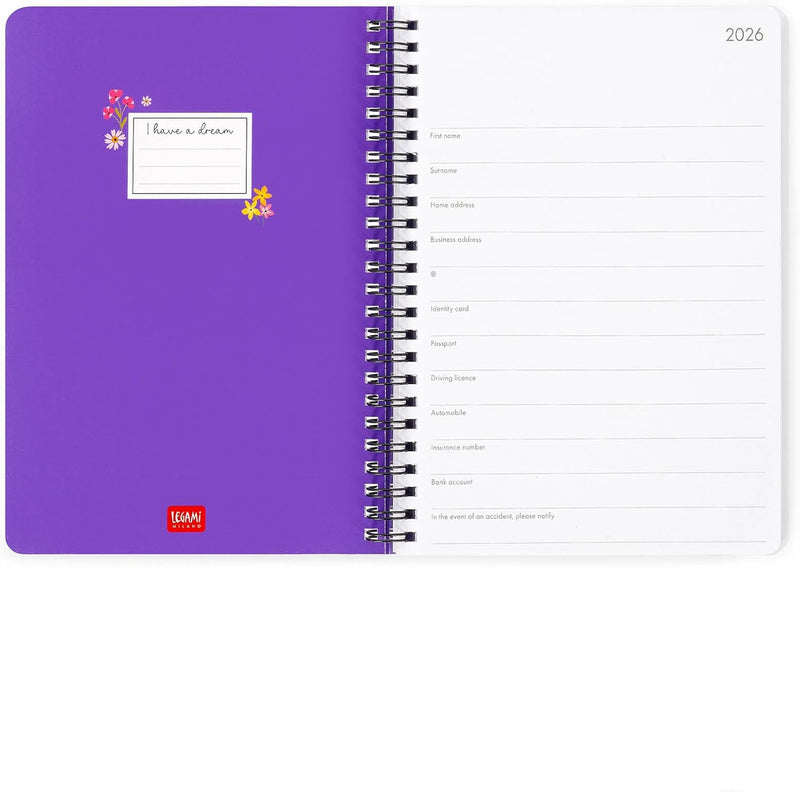 Agenda 12 Mesi Legami Settimanale Spiralata Large 2026 Flowers con Chiusura ad Elastico