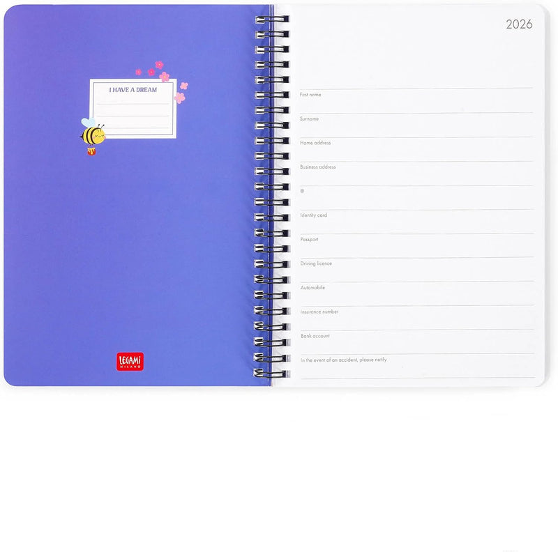 Agenda 12 Mesi Legami Settimanale Spiralata Large 2026 Bee con Chiusura ad Elastico
