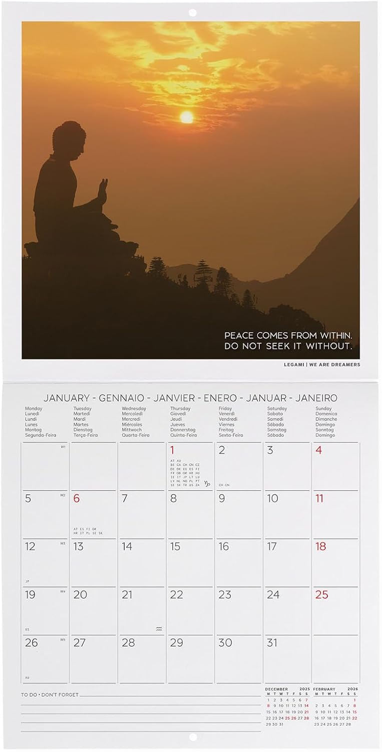 Calendario da Parete 12 Mesi Legami con Planner Annuale 2026 Peace of Mind 18 x 18 cm