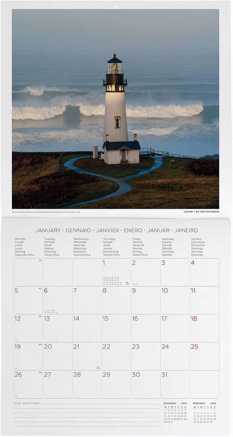 Calendario da Parete 12 Mesi Legami con Planner Annuale 2026 Lighthouses of the World 30 x 29 cm