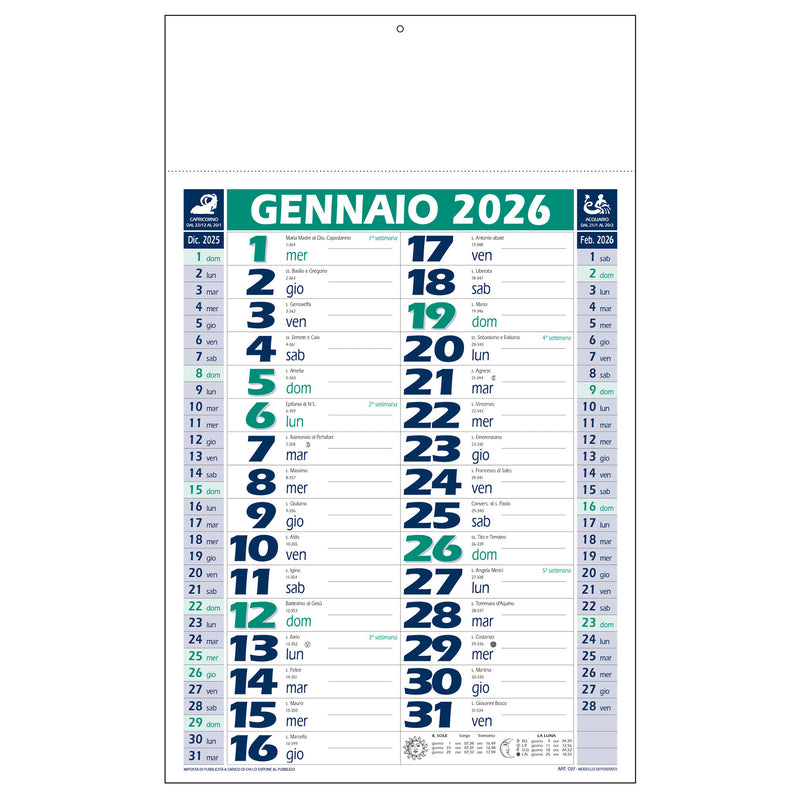 Calendario Olandese Intempo 2026 Termosaldato Blu e Verde 29 x 47 cm