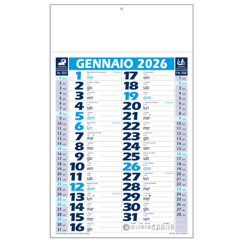Calendario Olandese Intempo 2026 Termosaldato Blu e Azzurro 29 x 47 cm