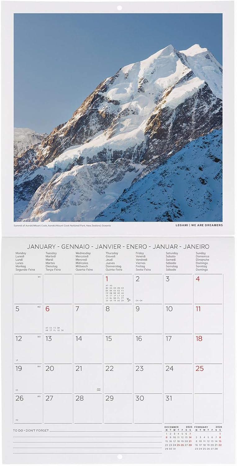 Calendario da Parete 12 Mesi Legami con Planner Annuale 2026 Mountains 18 x 18 cm