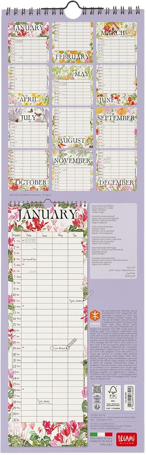 Calendario da Parete 12 Mesi Legami con Planner Annuale 2026 My Secret Garden 16 x 49 cm