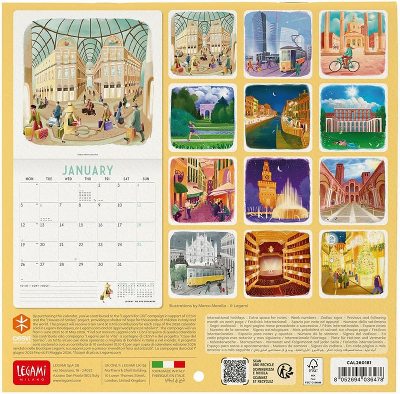 Calendario da Parete 12 Mesi Legami con Planner Annuale 2026 Milano 18 x 18 cm