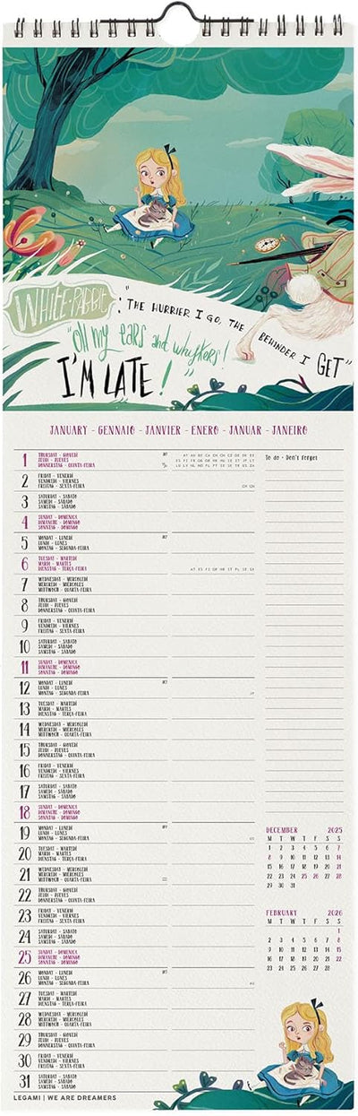 Calendario da Parete 12 Mesi Legami con Planner Annuale 2026 Alice in Wonderland 16 x 49 cm