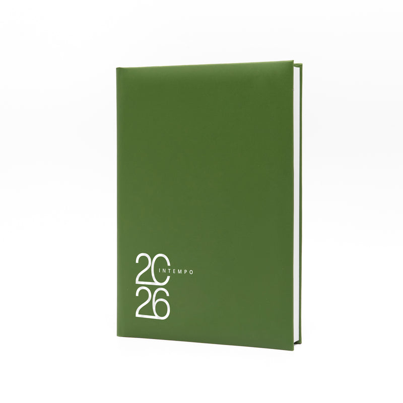 Agenda 12 Mesi Giornaliera Intempo Text 2026 a Blocco Fisso in Balacron Verde - 21 x 30 cm