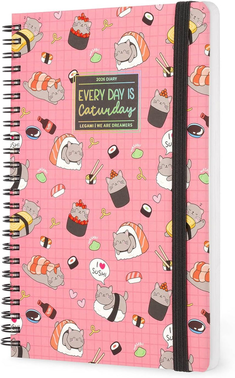 Agenda 12 Mesi Legami Settimanale Spiralata Large 2026 Sushi Cat con Chiusura ad Elastico
