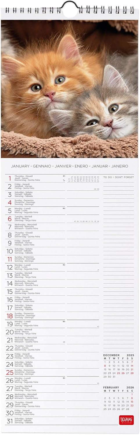 Calendario da Parete 12 Mesi Legami con Planner Annuale 2026 Kittens 16 x 49 cm