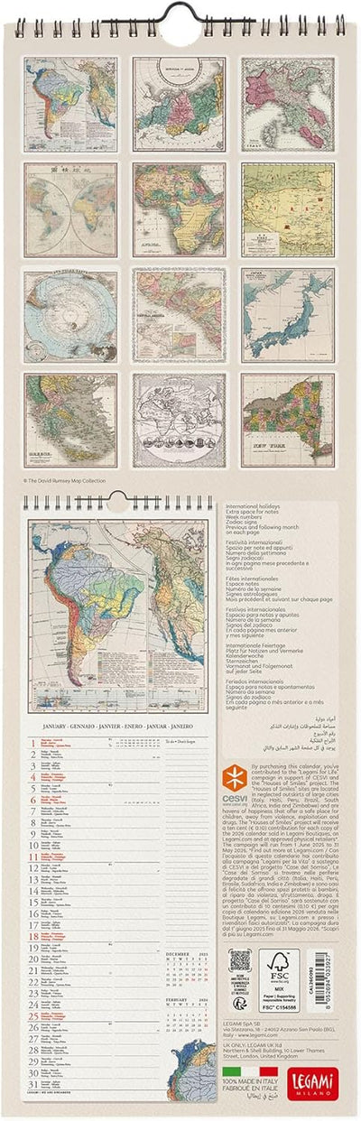 Calendario da Parete 12 Mesi Legami con Planner Annuale 2026 Vintage Maps 16 x 49 cm