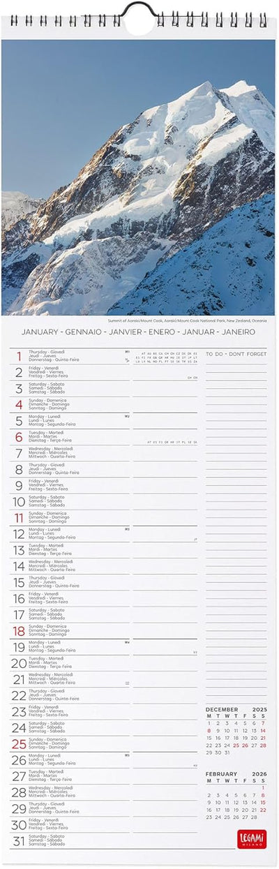 Calendario da Parete 12 Mesi Legami con Planner Annuale 2026 Mountains 16 x 49 cm
