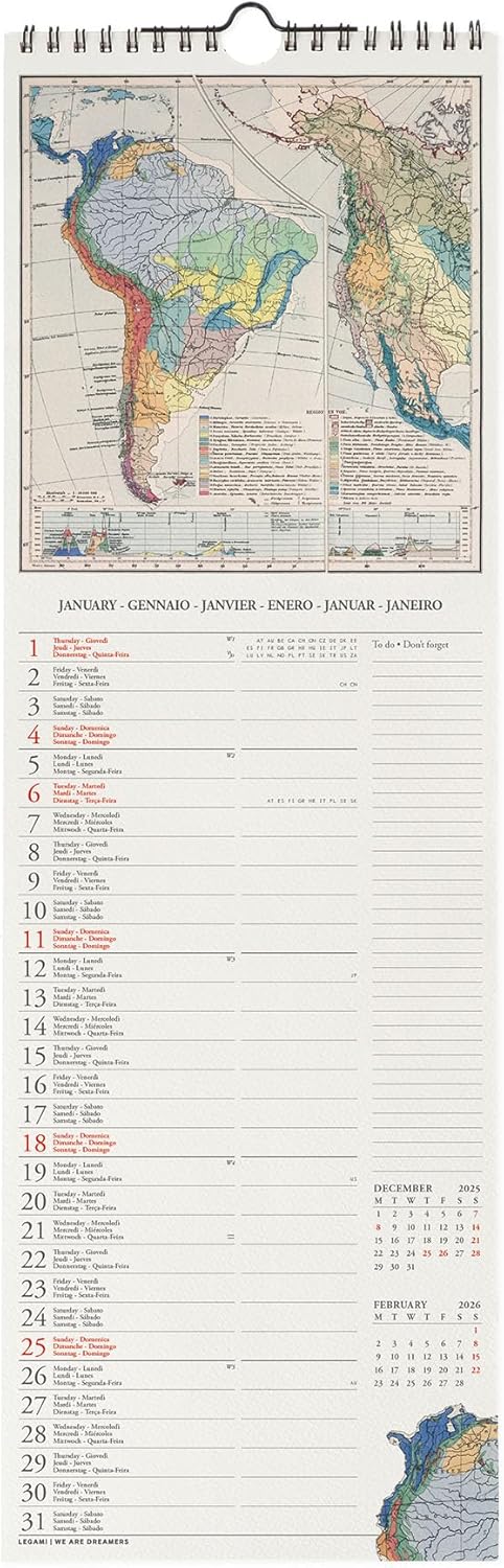 Calendario da Parete 12 Mesi Legami con Planner Annuale 2026 Vintage Maps 16 x 49 cm