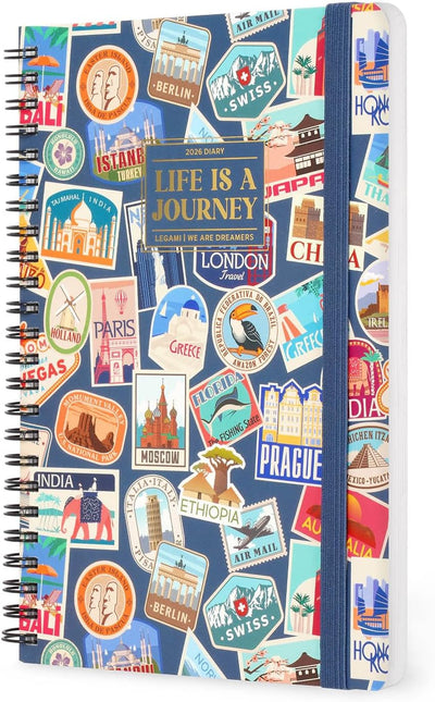 Agenda 12 Mesi Legami Settimanale Spiralata Large 2026 Travel Stickers con Chiusura ad Elastico