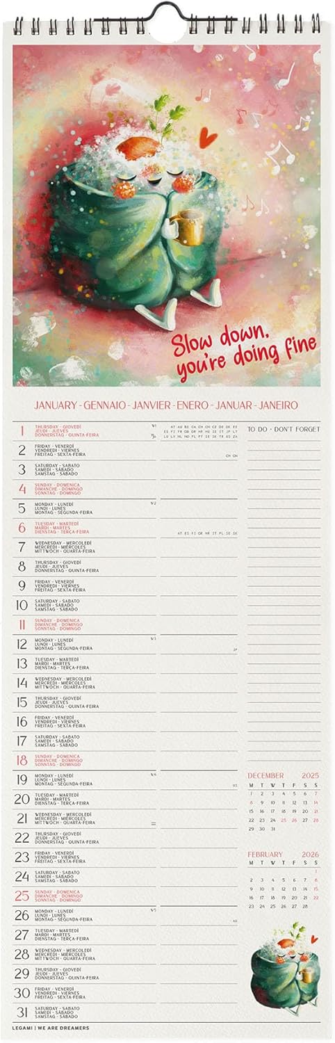 Calendario da Parete 12 Mesi Legami con Planner Annuale 2026 Good Vibes Only 16 x 49 cm