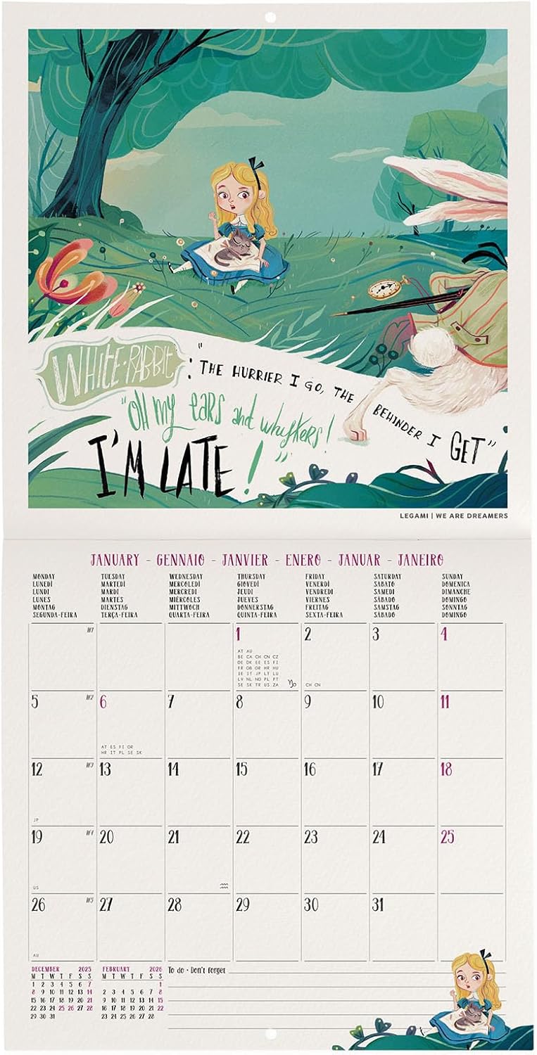 Calendario da Parete 12 Mesi Legami con Planner Annuale 2026 Alice in Wonderland 18 x 18 cm