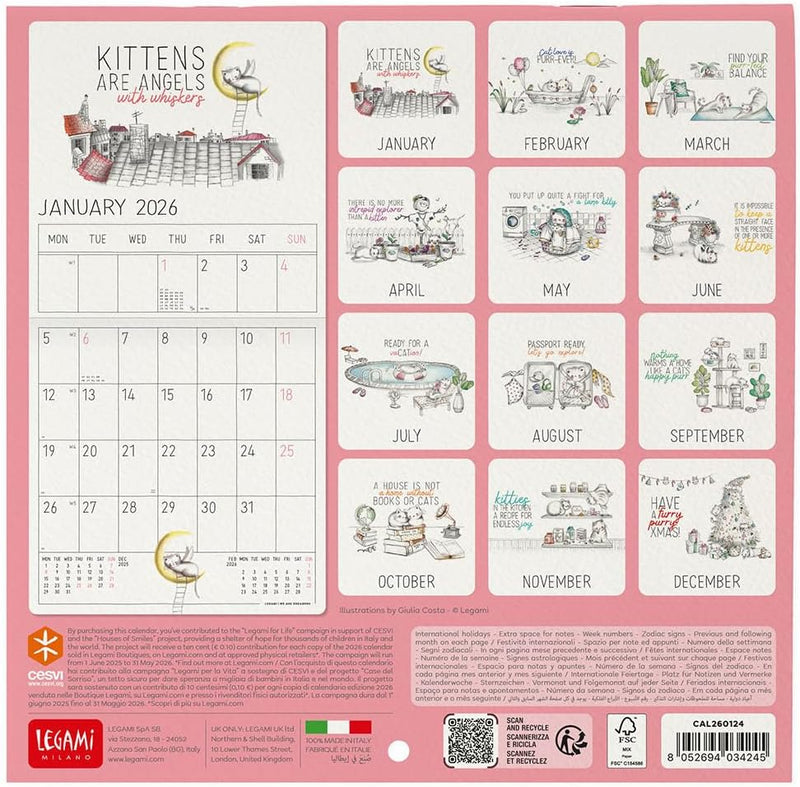 Calendario da Parete 12 Mesi Legami con Planner Annuale 2026 Sketchy Cats 18 x 18 cm