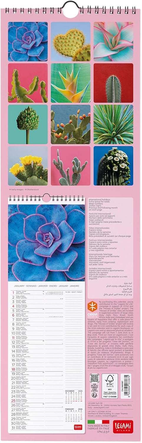 Calendario da Parete 12 Mesi Legami con Planner Annuale 2026 Succulents 16 x 49 cm