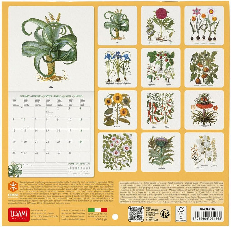 Calendario da Parete 12 Mesi Legami con Planner Annuale 2026 Herbarium 18 x 18 cm