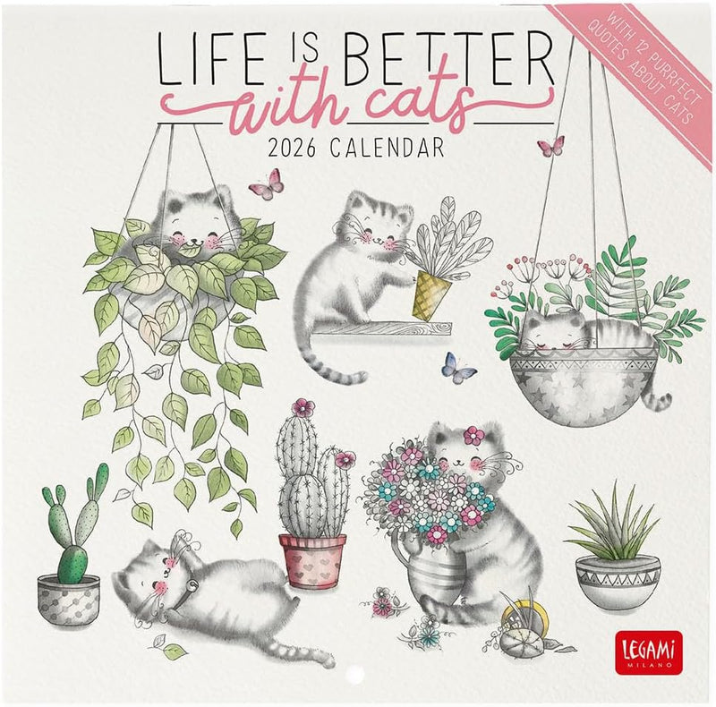 Calendario da Parete 12 Mesi Legami con Planner Annuale 2026 Sketchy Cats 18 x 18 cm
