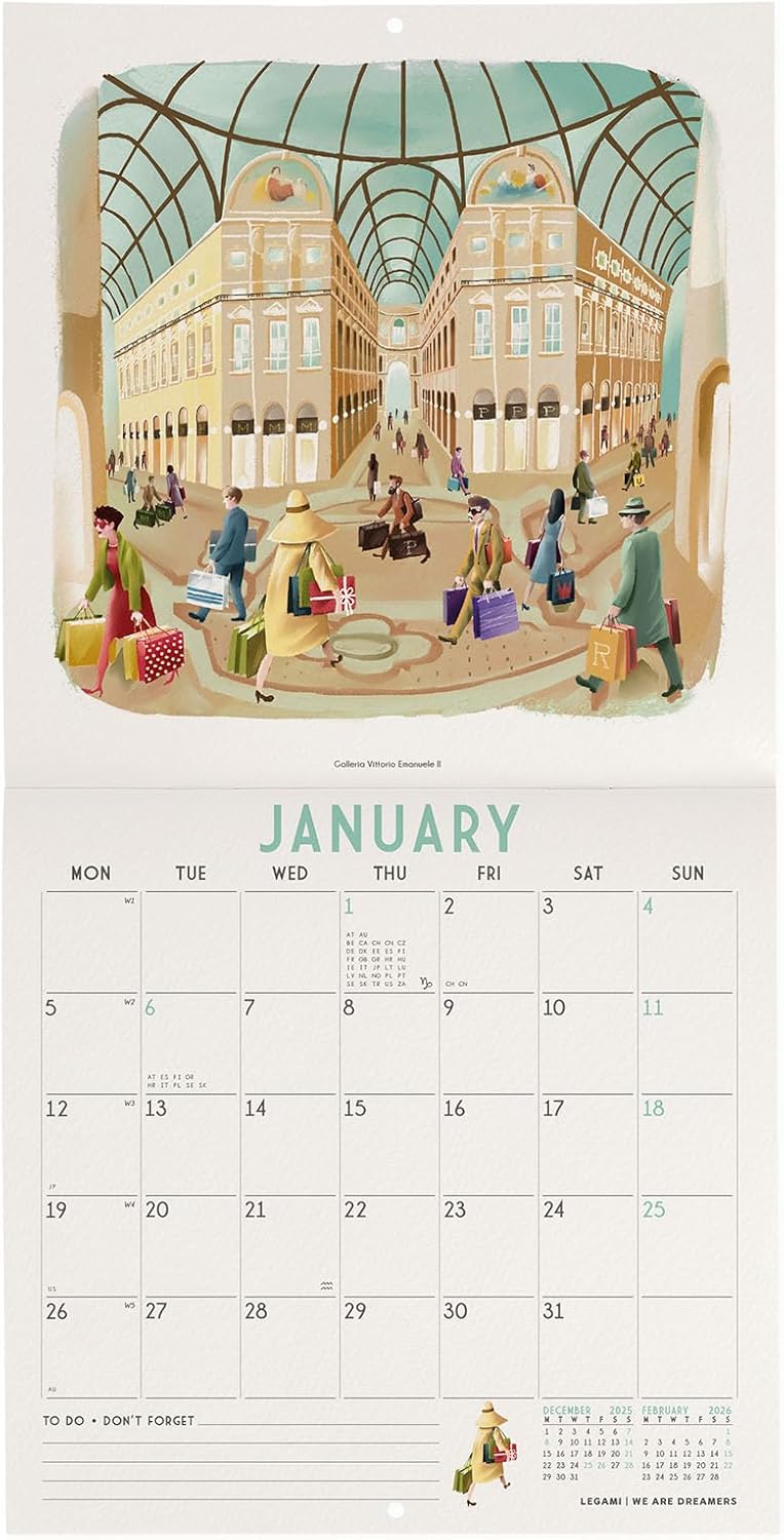 Calendario da Parete 12 Mesi Legami con Planner Annuale 2026 Milano 18 x 18 cm