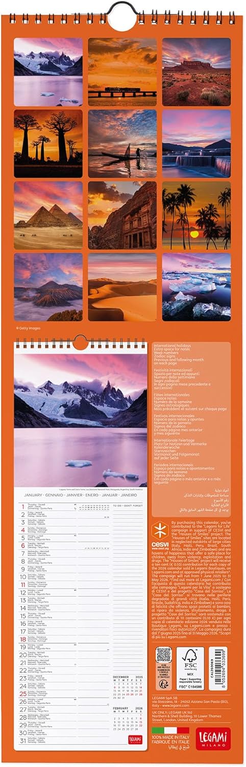 Calendario da Parete 12 Mesi Legami con Planner Annuale 2026 Sunsets 16 x 49 cm