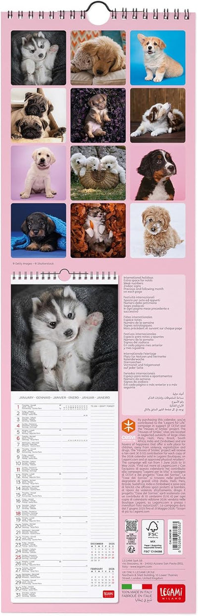 Calendario da Parete 12 Mesi Legami con Planner Annuale 2026 Puppies 16 x 49 cm