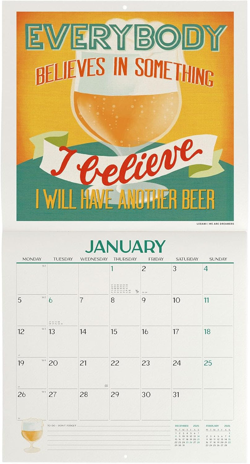 Calendario da Parete 12 Mesi Legami con Planner Annuale 2026 Beer 30 x 29 cm