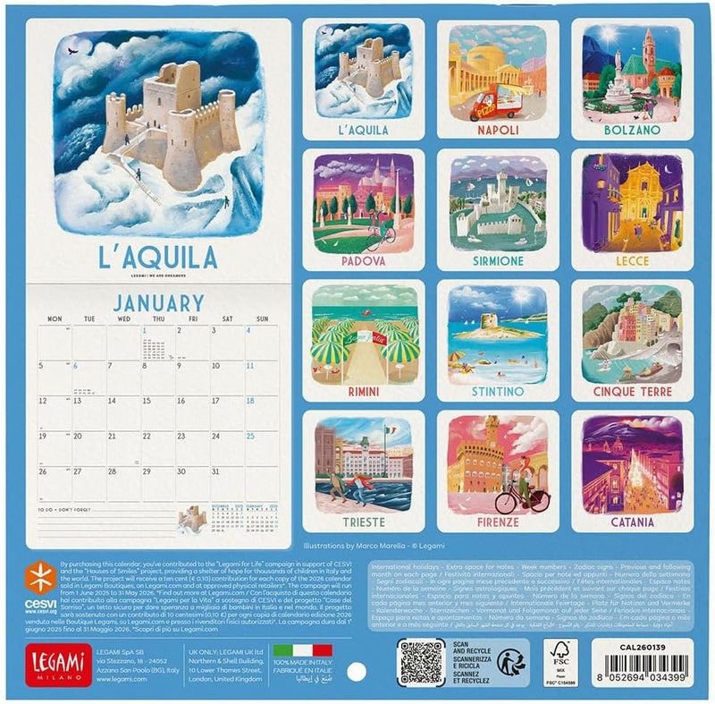 Calendario da Parete 12 Mesi Legami con Planner Annuale 2026 Italy 18 x 18 cm