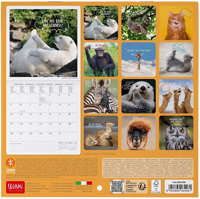 Calendario da Parete 12 Mesi Legami con Planner Annuale 2026 Take it Easy 18 x 18 cm