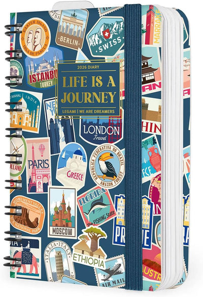 Agenda 12 Mesi Legami Giornaliera Small Spiralata 2026 Travel Stickers con Chiusura ad Elastico