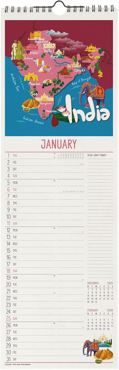 Calendario da Parete 12 Mesi Legami con Planner Annuale 2026 Let's Travel The World 16 x 49 cm